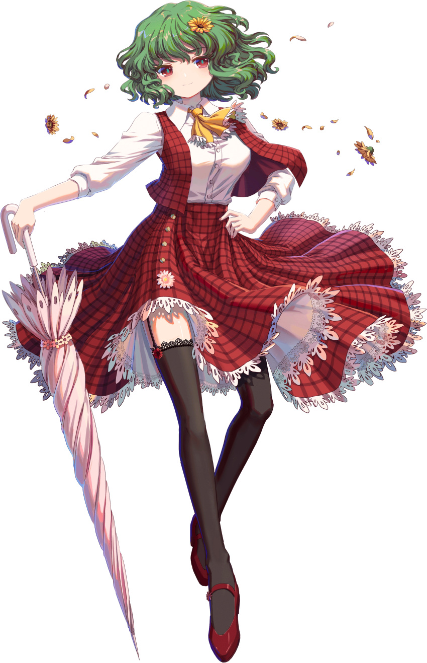 1girl, absurdres, ascot, black_thighhighs, breasts, collared_shirt, flower, frilled_skirt