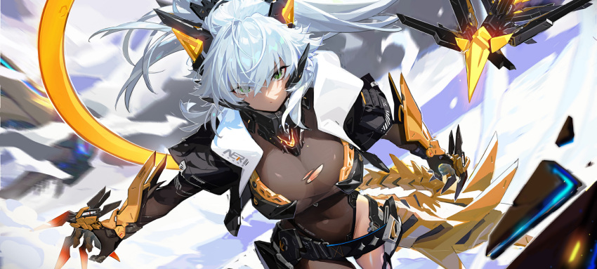 1girl, bodystocking, breasts, crosscore, han-0v0, highres, mecha_musume, mechanical_ears