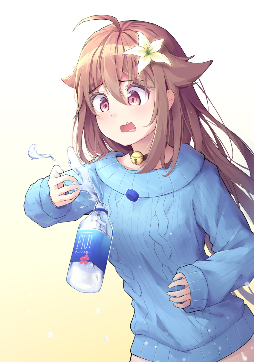 1girl, absurdres, ahoge, blue_sweater, bottle, breasts, brown_hair, cable_knit