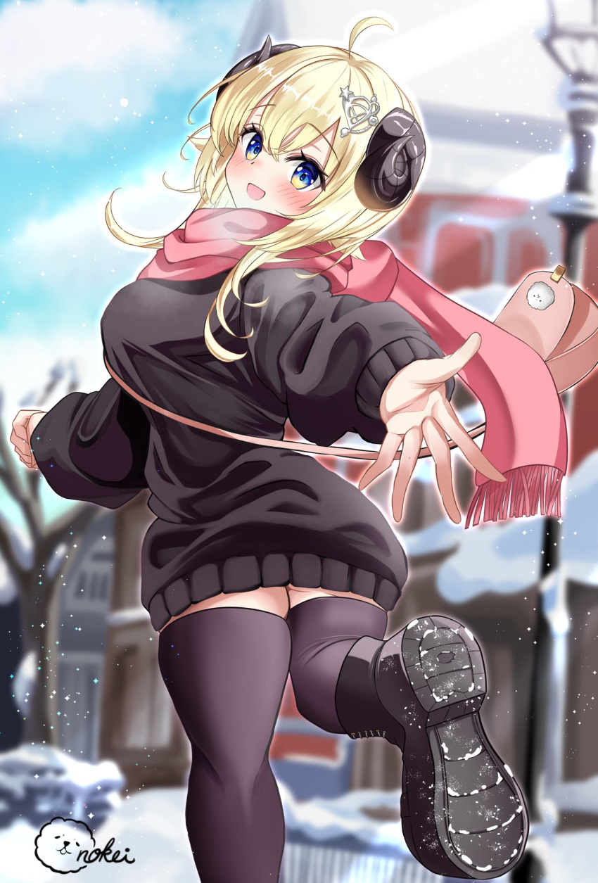 1girl, ahoge, artist_logo, black_footwear, black_sweater, black_thighhighs, blonde_hair, blue_eyes