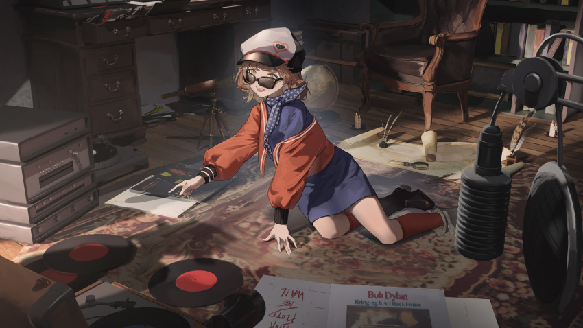 1girl, :d, absurdres, ankle_boots, arm_support, armchair, blue_dress, blue_neckerchief