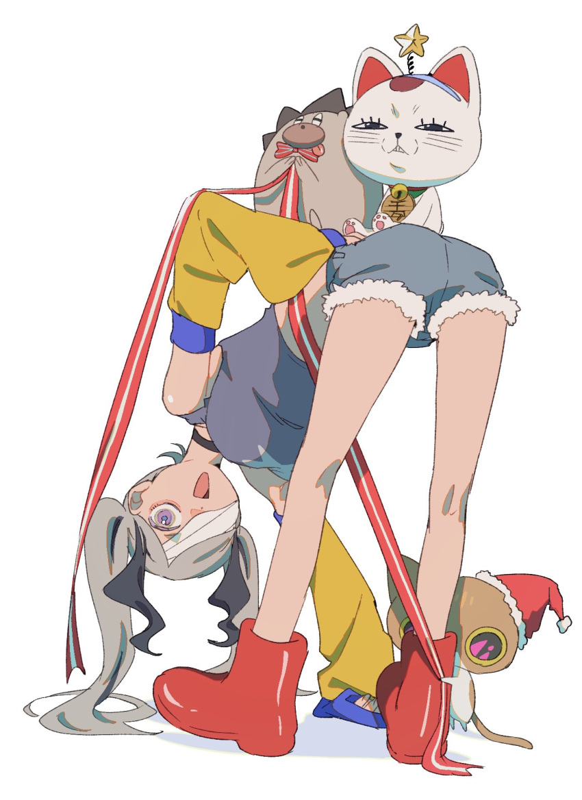 1girl, animal, animal_on_back, ankle_boots, bandage_over_one_eye, bare_shoulders, black_choker, black_hair