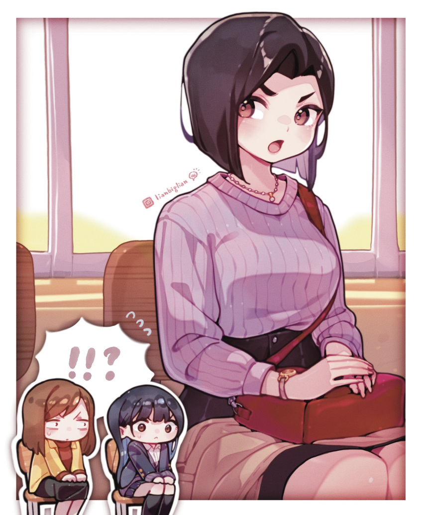 3girls, artist_name, bag, boku_no_kokoro_no_yabai_yatsu, breasts, chibi, handbag, highres