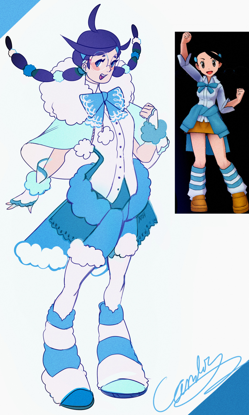 1girl, adapted_costume, ahoge, alternate_costume, black_hair, blue_bow, blue_eyes, blue_skirt
