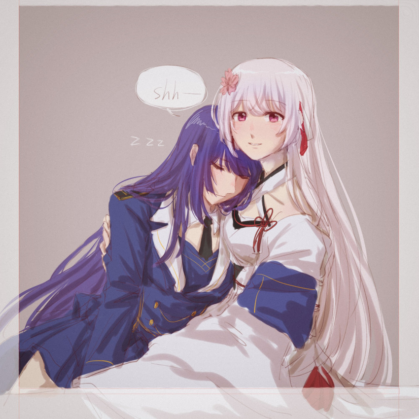 2girls, arm_around_back, assault_lily, bare_shoulders, bing_bushi_ganmao_ling_z, black_necktie, blue_jacket, blue_skirt
