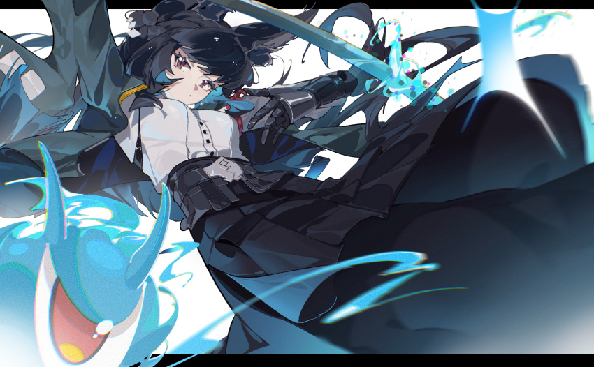 1girl, animal_ears, black_hair, black_skirt, blunt_bangs, cowboy_shot, dress_shirt, fox_ears