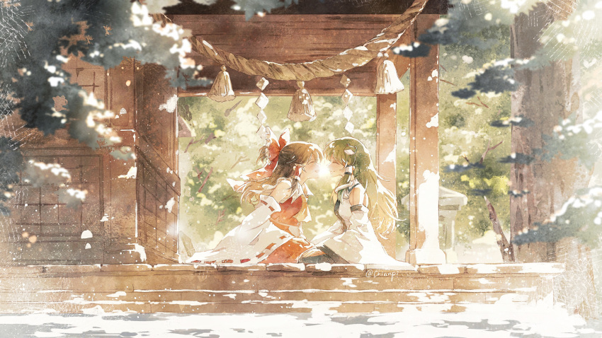 2girls, artist_name, ascot, bow, brown_hair, chinnpi, closed_eyes, closed_mouth