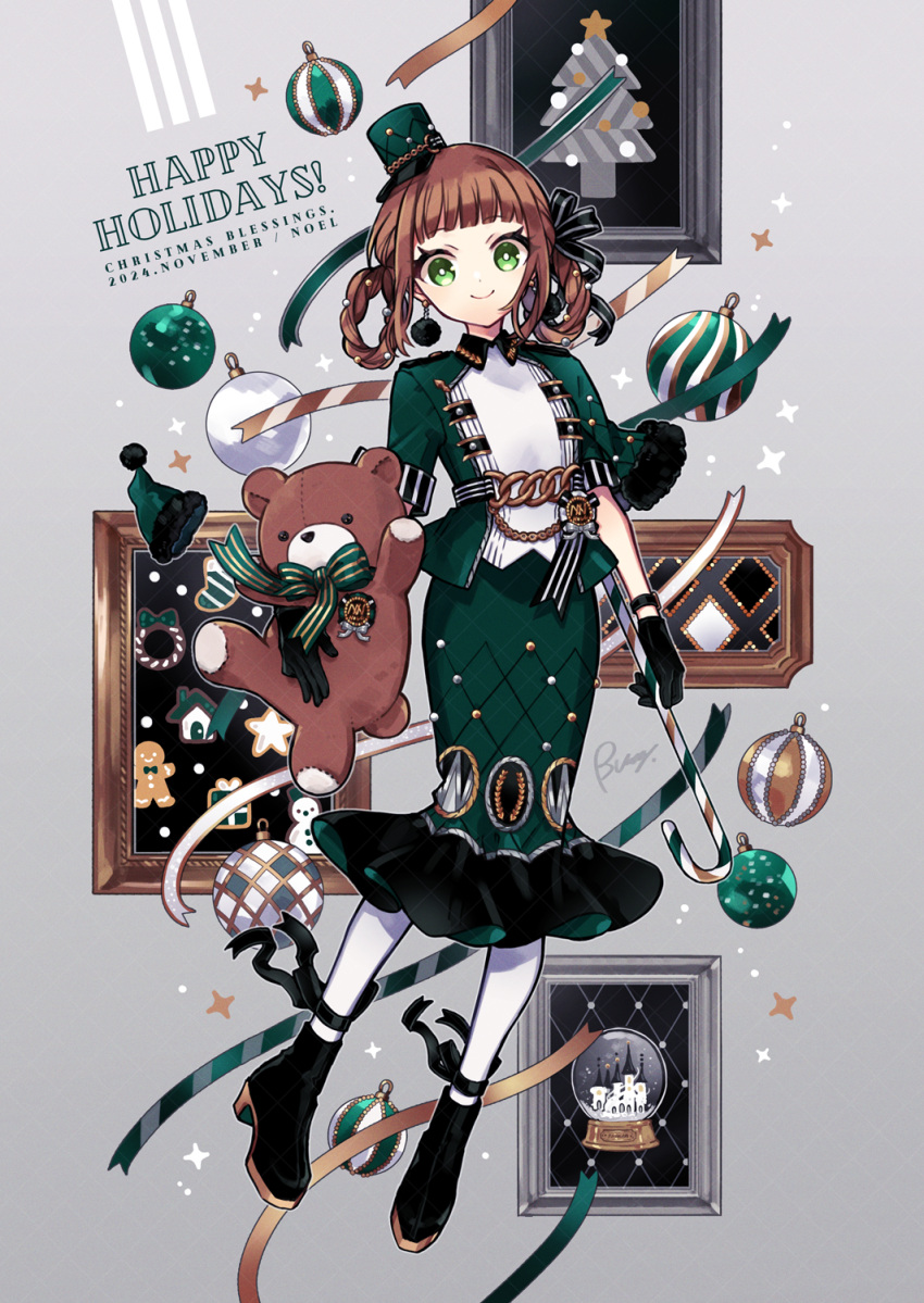 1girl, black_footwear, black_gloves, boots, bow, braid, brown_hair, buzz_(moi)