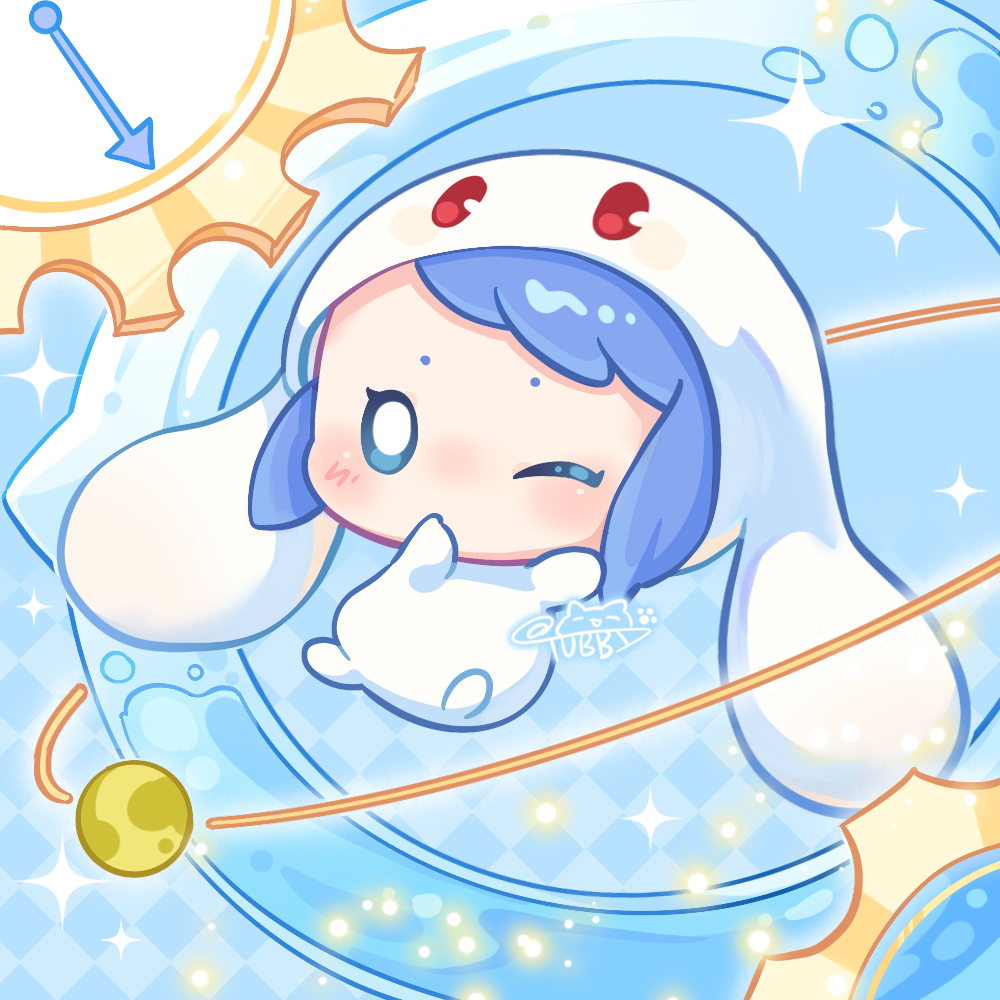 1girl, blue_eyes, blue_hair, blush, chibi, gears, looking_at_viewer, luoke_wangguo