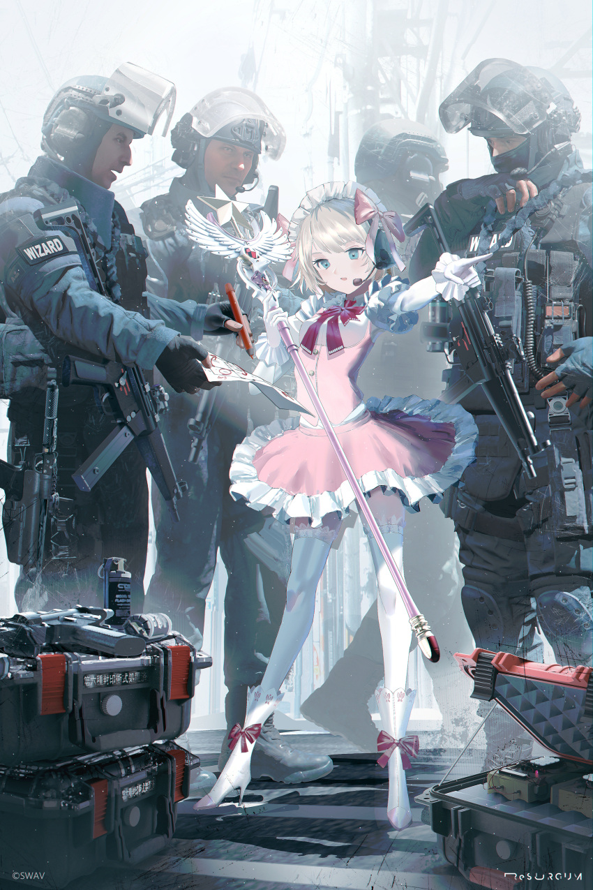 1girl, 4boys, absurdres, black_gloves, blue_gloves, blue_helmet, blue_jacket, blue_pants