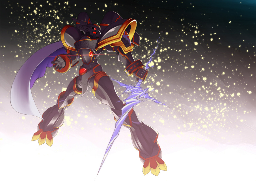 cape, digimon, digimon_x-evolution, kazkazkaz, monster, no_humans, red_eyes, solo, sword, weapon