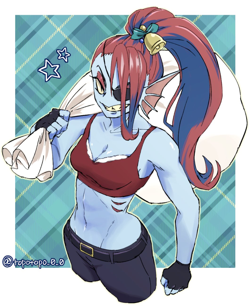 1girl, 2023, 2d, anthro, artist_name, bell, bell_hair_ornament, belt, black_belt, black_fingerless_gloves, black_gloves, blue_skin, breasts, christmas, cleavage, digital_media, ear_fins, eyepatch, female, female_only, fingerless_gloves, fins, fish, fish_girl, gloves, green_background, head_fins, high_ponytail, holding, holding_sack, long_hair, looking_at_viewer, mekyo, midriff, monster, monster_girl, navel, ponytail, red_hair, sack, sharp_teeth, simple_background, slit_pupils, solo, star_(symbol), teeth, twitter_username, two-tone_background, undertale, undyne, utdr_(toby_fox), white_background, white_border, yellow_sclera