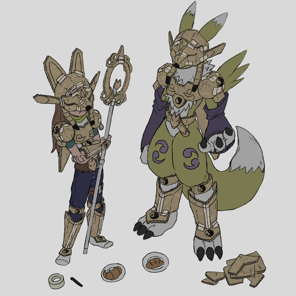 2girls, armor, blue_pants, body_fur, brown_hair, cardboard, cardboard_costume, cosplay, crossed_arms, digimon, digimon_(creature), digimon_tamers, full_body, grey_background, kitsune, long_hair, makino_ruki, multiple_girls, muted_color, pants, renamon, sakuyamon, sakuyamon_(cosplay), simple_background, standing, takeuchi_(rtakeuchi1535), yellow_fur