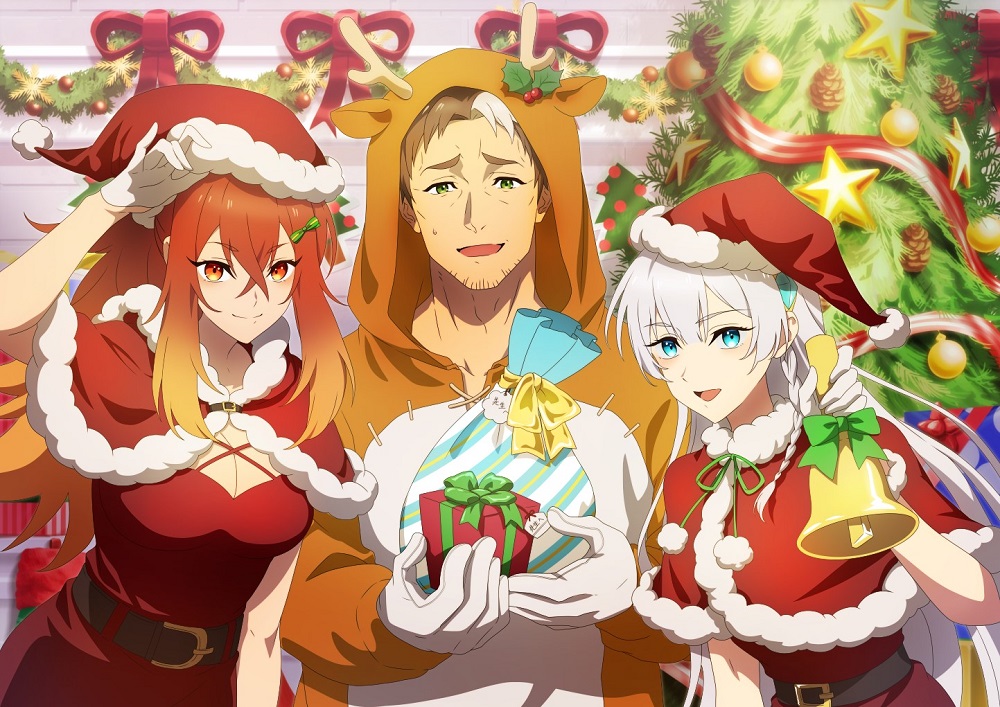 1boy, 2girls, allucia_citrus, animal_costume, antlers, beryl_gardernant, blonde_hair, blue_eyes, box, breasts, brown_hair, capelet, christmas, christmas_tree, dress, facial_hair, fake_antlers, fur-trimmed_headwear, fur_trim, gift, gift_box, green_eyes, hat, horns, katainaka_no_ossan_kensei_ni_naru, long_hair, looking_at_viewer, male_focus, merry_christmas, multicolored_hair, multiple_girls, official_art, open_mouth, red_capelet, red_hat, reindeer_antlers, reindeer_costume, santa_costume, santa_dress, santa_hat, shirt, short_hair, smile, surena_lysandra, white_hair