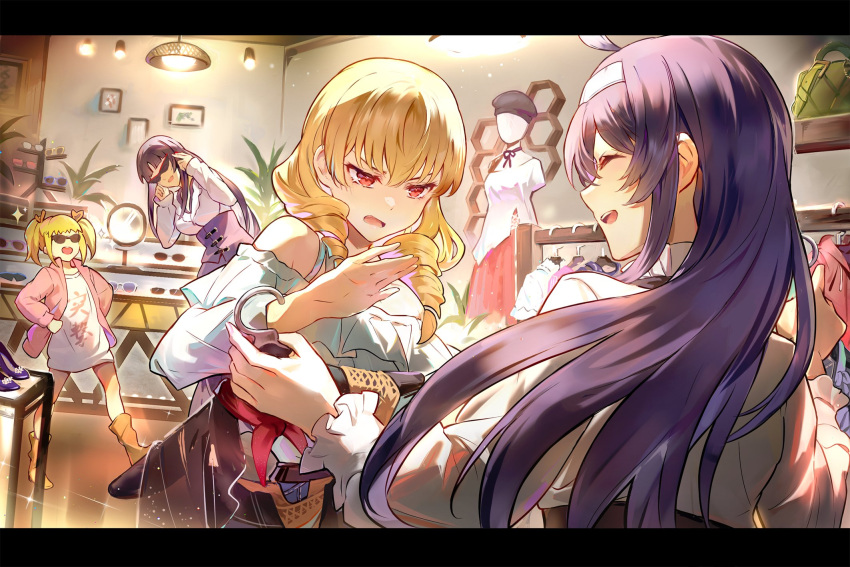 4girls, ahoge, alternate_costume, blonde_hair, blue_hair, blunt_bangs, closed_eyes, dress