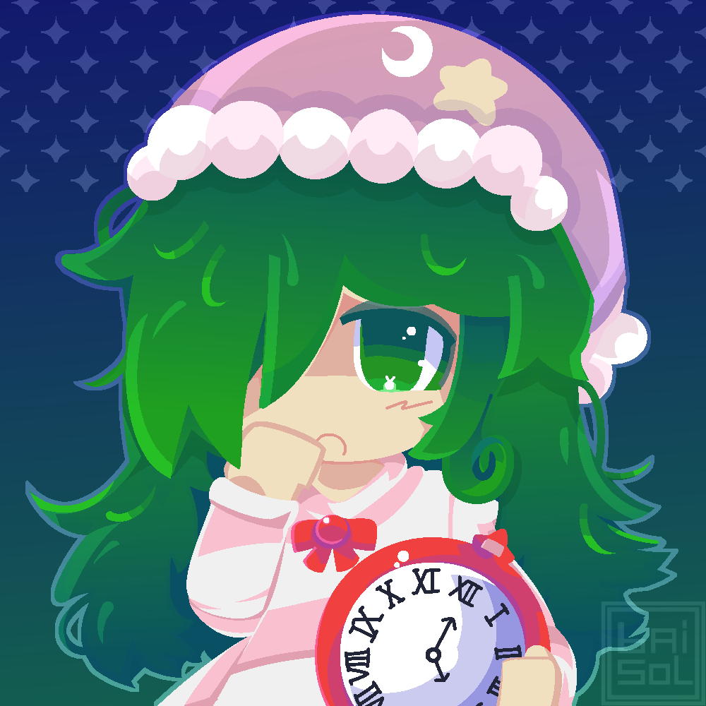 baisol, clock, dress, fur-trimmed_headwear, fur_trim, green_eyes, green_hair, hair_over_one_eye