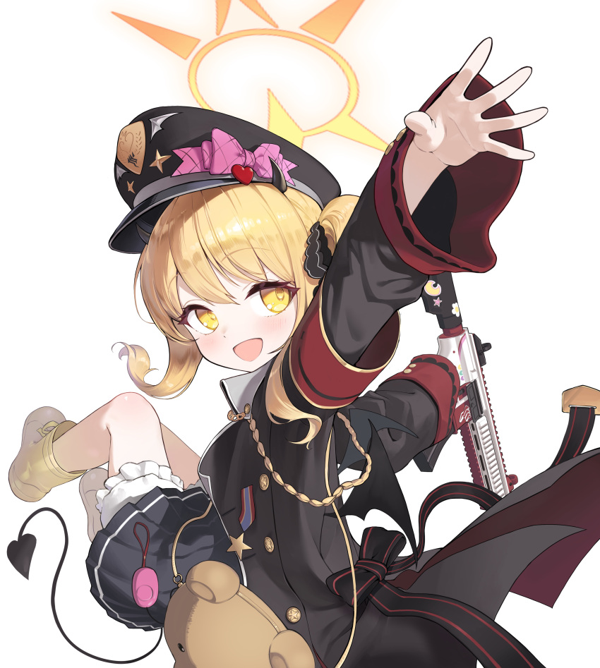1girl, :d, absurdres, arm_up, armband, assault_rifle, black_coat, black_dress