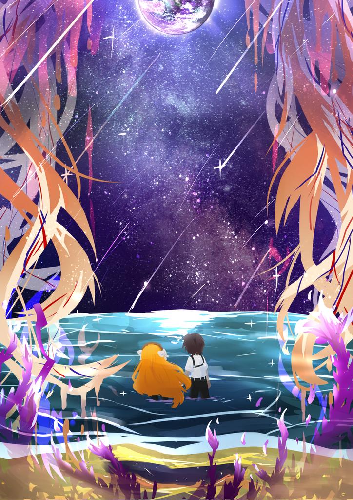 1boy, 1girl, beach, black_pants, brown_hair, heathcliff_(project_moon), ishmael_(project_moon), limbus_company