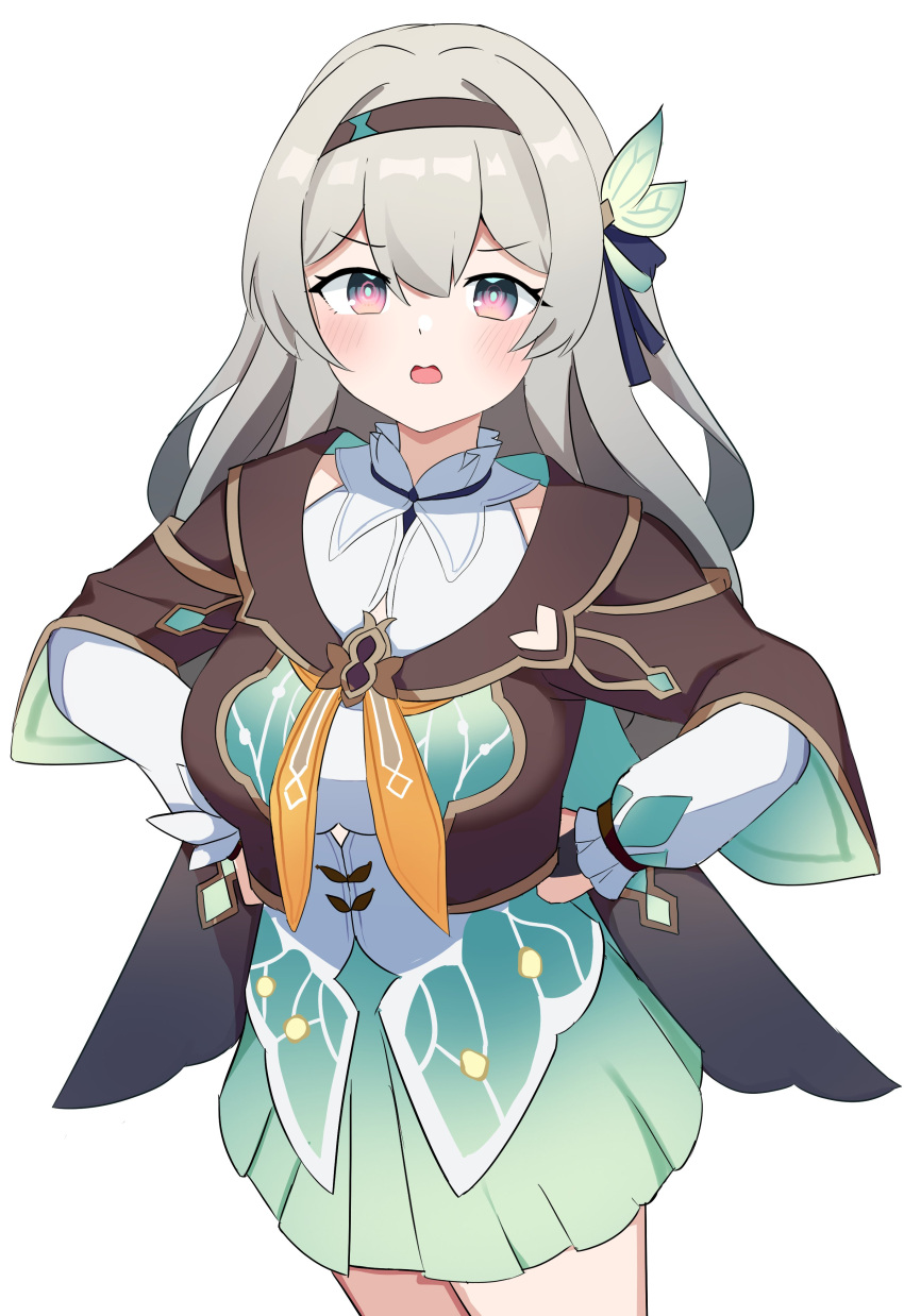absurdres, aqua_thighhighs, black_bridal_gauntlets, black_hairband, black_jacket, blue_pupils, bridal_gauntlets, cropped_jacket, erushira, firefly_(honkai:_star_rail), grey_hair, hair_intakes, hairband, highres, honkai:_star_rail, honkai_(series), jacket, neckerchief, orange_neckerchief, single_bridal_gauntlet, thigh-highs, two-tone_eyes