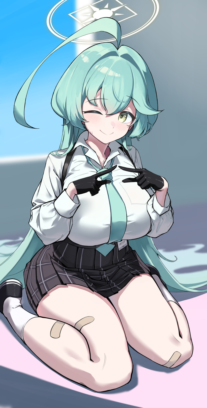 1girl, absurdres, ahoge, aqua_hair, aqua_necktie, bandaid, bandaid_on_leg, bandaid_on_thigh