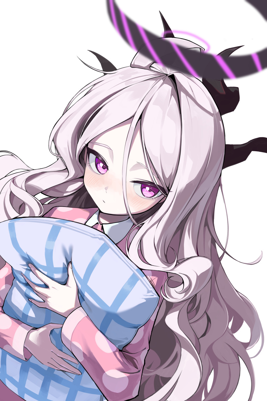 1girl, absurdres, ahoge, black_halo, black_horns, blue_archive, blurry, blurry_halo