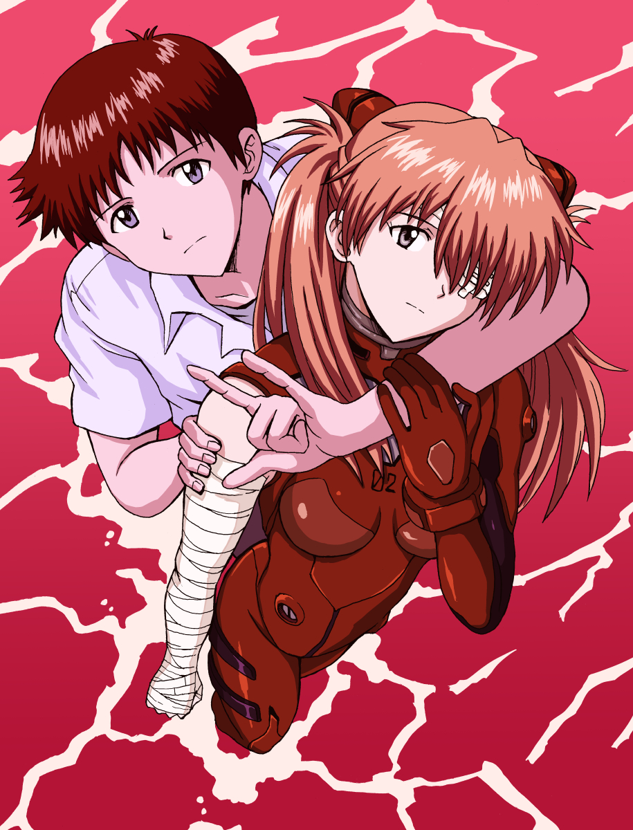 1boy, 1girl, amai_yadoraki, arm_around_neck, bandaged_arm, bandages, brown_hair, dress_shirt
