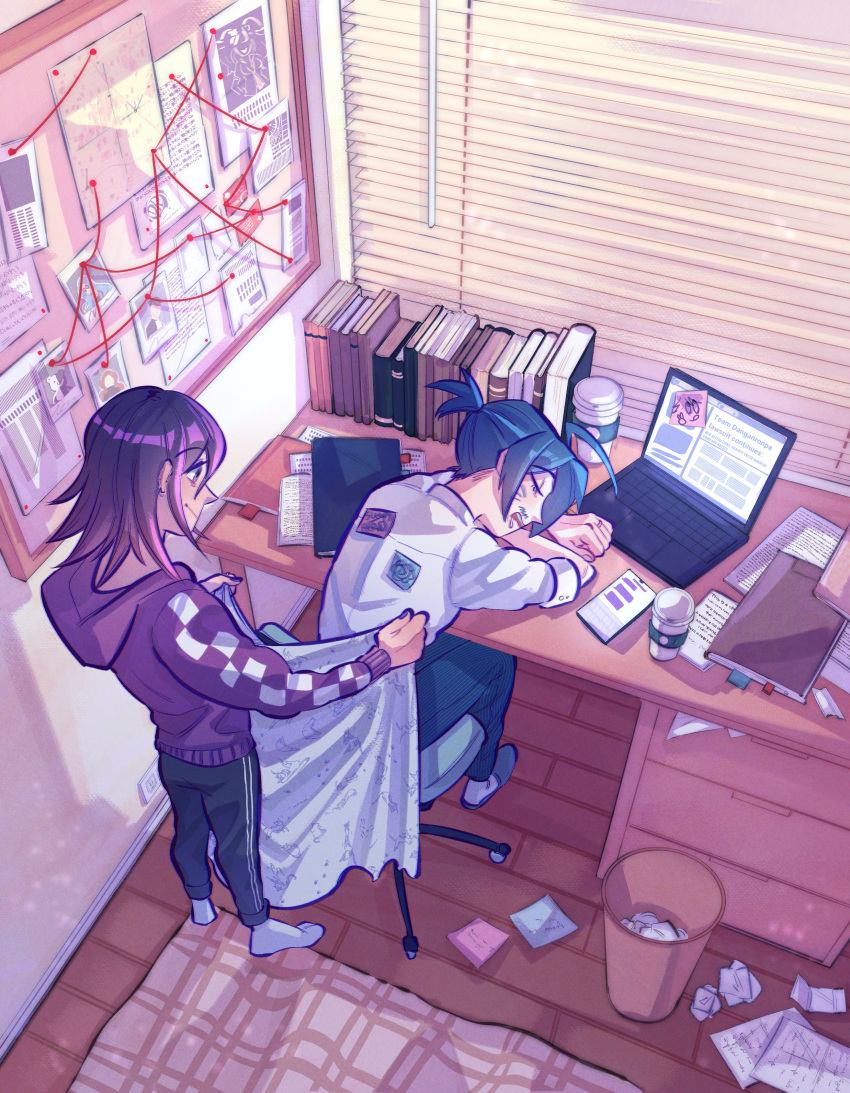 2boys, absurdres, ahoge, alternate_costume, alternate_hairstyle, black_hair, blanket, book