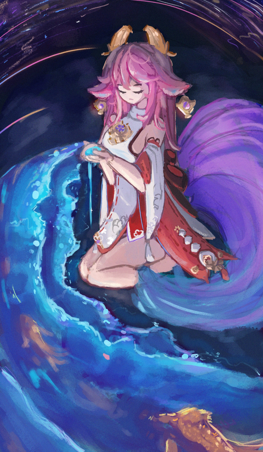 1girl, absurdres, animal_ears, bare_shoulders, breasts, closed_eyes, closed_mouth, detached_sleeves, earrings, expressionless, fish, fox_ears, full_body, genshin_impact, hair_between_eyes, hair_ornament, highres, holding, japanese_clothes, jewelry, long_hair, long_sleeves, nemearts, pink_hair, seiza, shirt, sitting, solo, water, white_shirt, wide_sleeves, yae_miko
