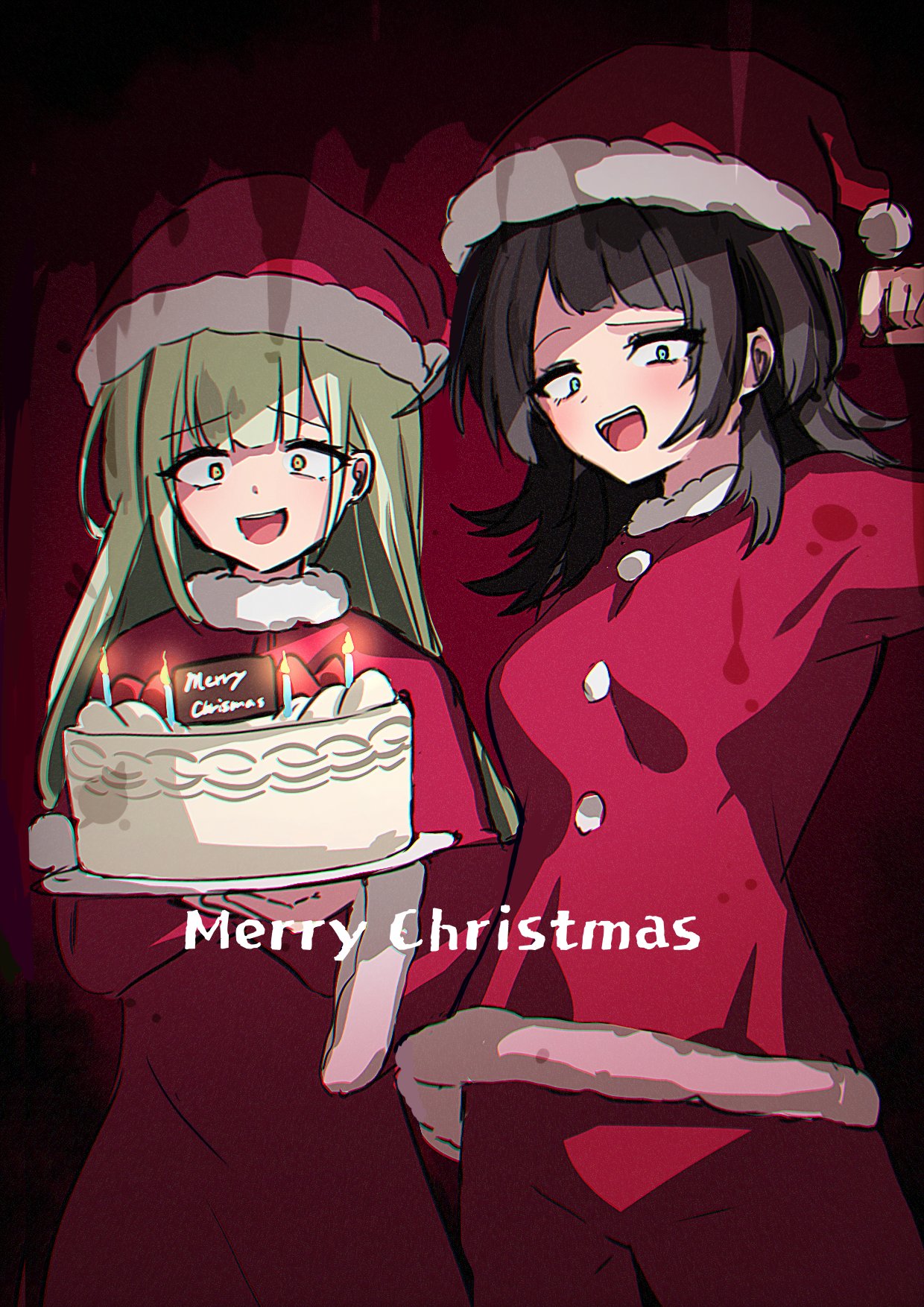 2girls, bang_dream!, bang_dream!_it's_mygo!!!!!, black_hair, blue_eyes, cake, commentary, crazy_smile