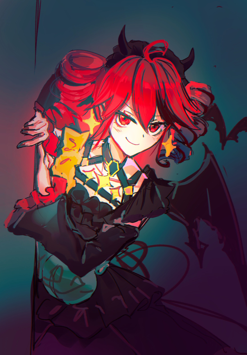 1girl, ahoge, black_dress, black_hairband, black_horns, black_sleeves, black_wings, closed_mouth