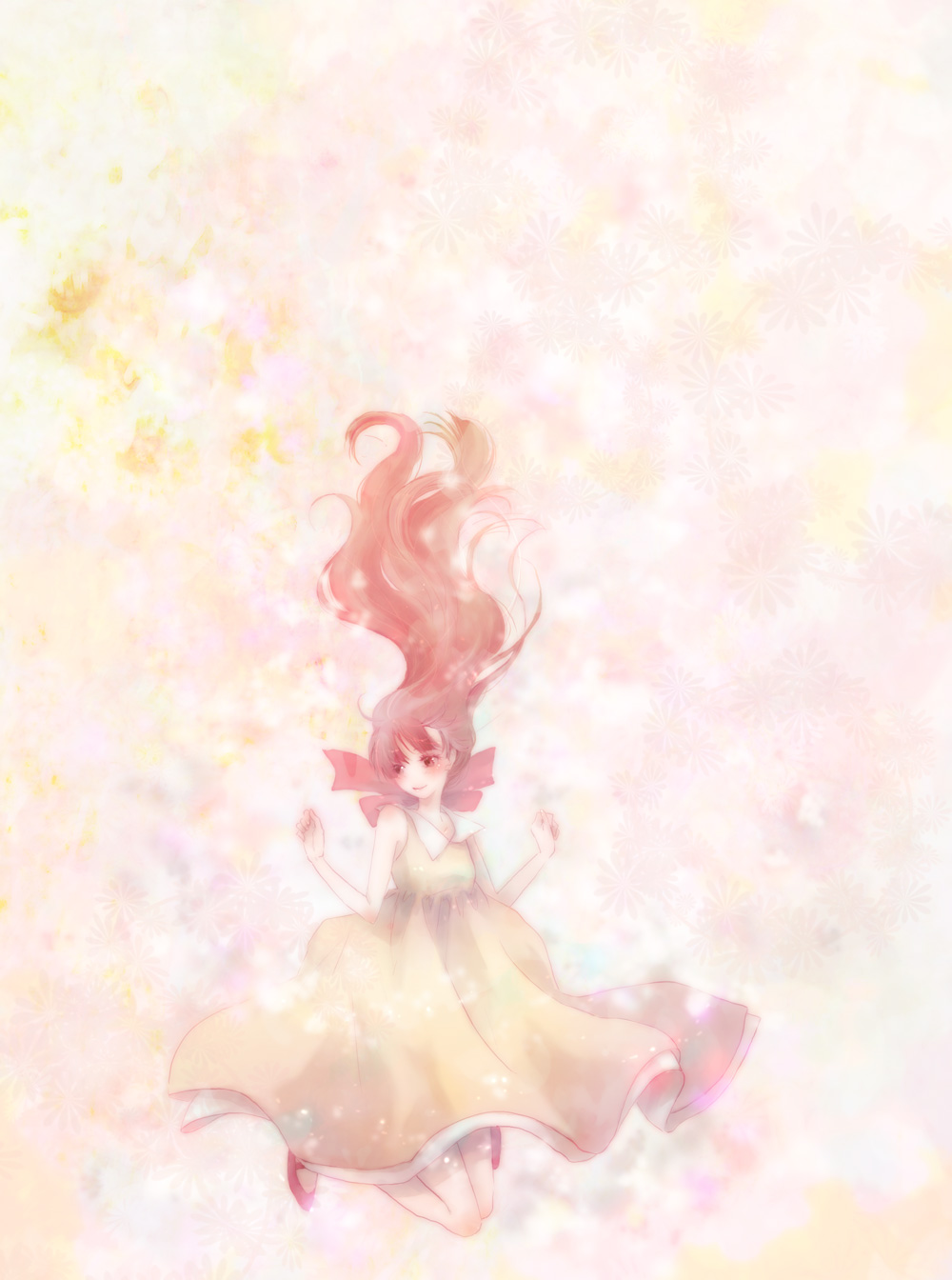 black_hair, bow, dress, floating, highres, kimi_ni_todoke, kuronuma_sawako, long_hair, smile, solo, yukiko_(snow_sugar)