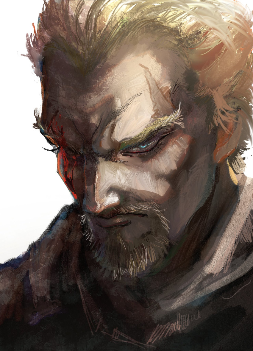 1boy, aquiline_nose, askeladd, blonde_hair, blue_eyes, facial_hair, frown, hanpen_kounaien