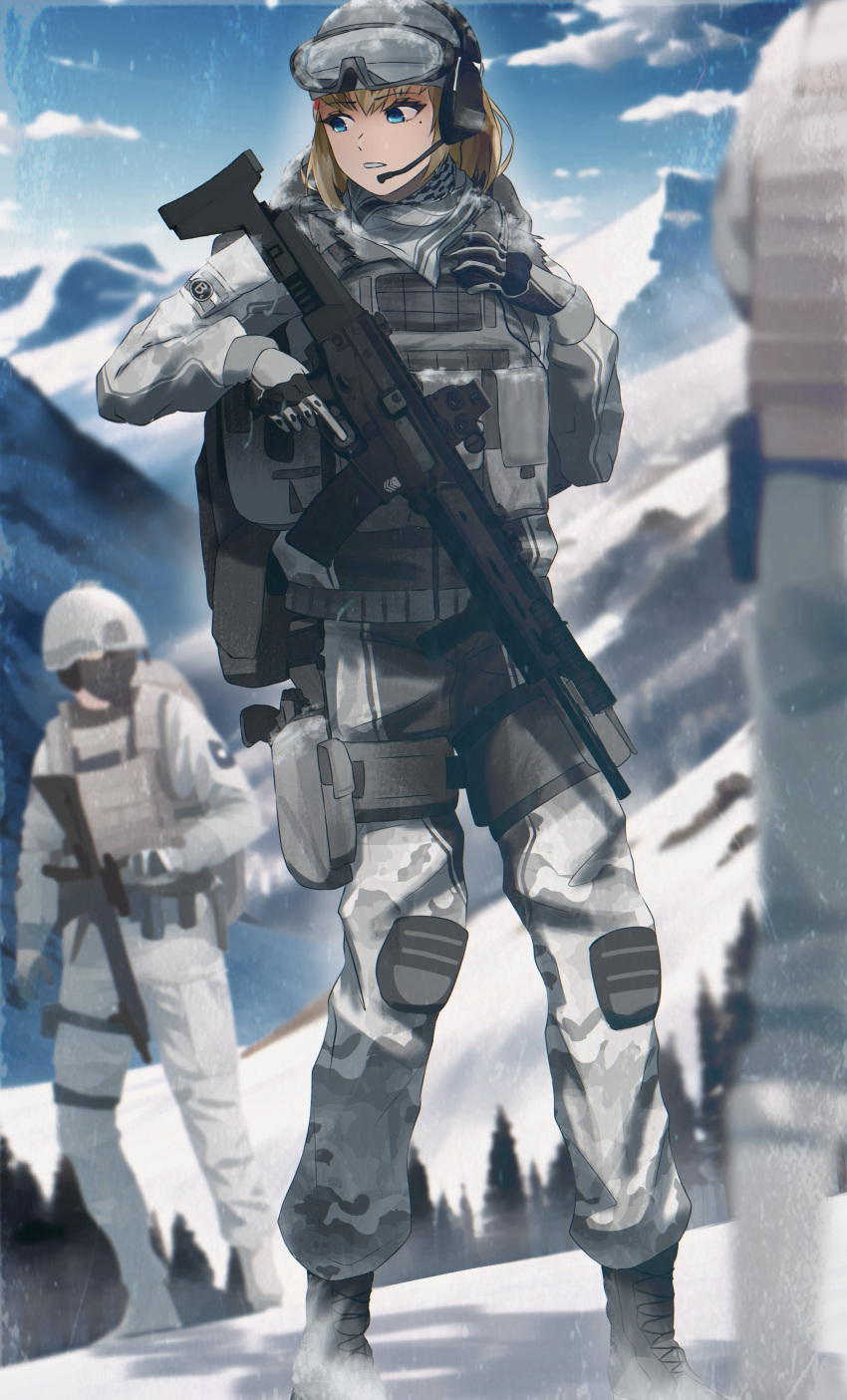 1boy, 1girl, absurdres, acr_(girls'_frontline), adaptive_combat_rifle, assault_rifle, black_footwear, blonde_hair