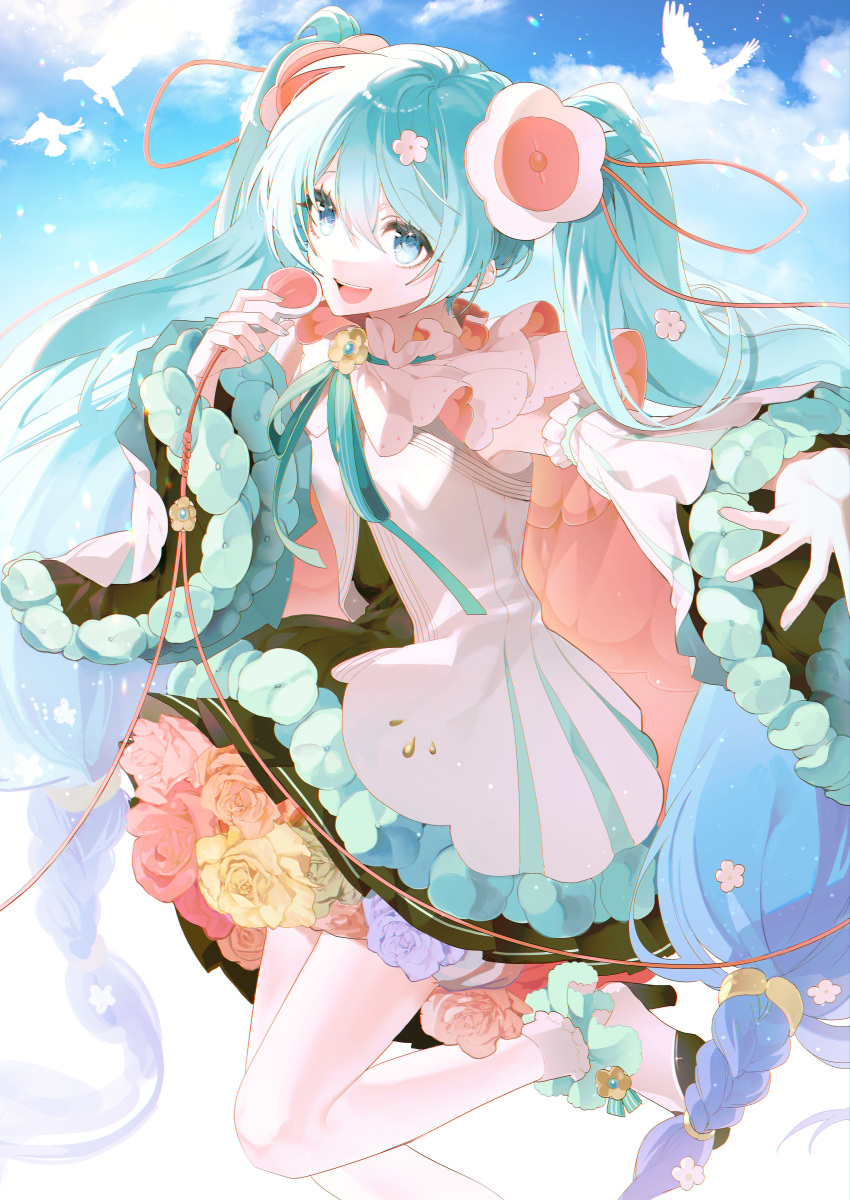 1girl, absurdres, alternate_costume, aqua_eyes, aqua_hair, aqua_nails, aqua_ribbon, bird