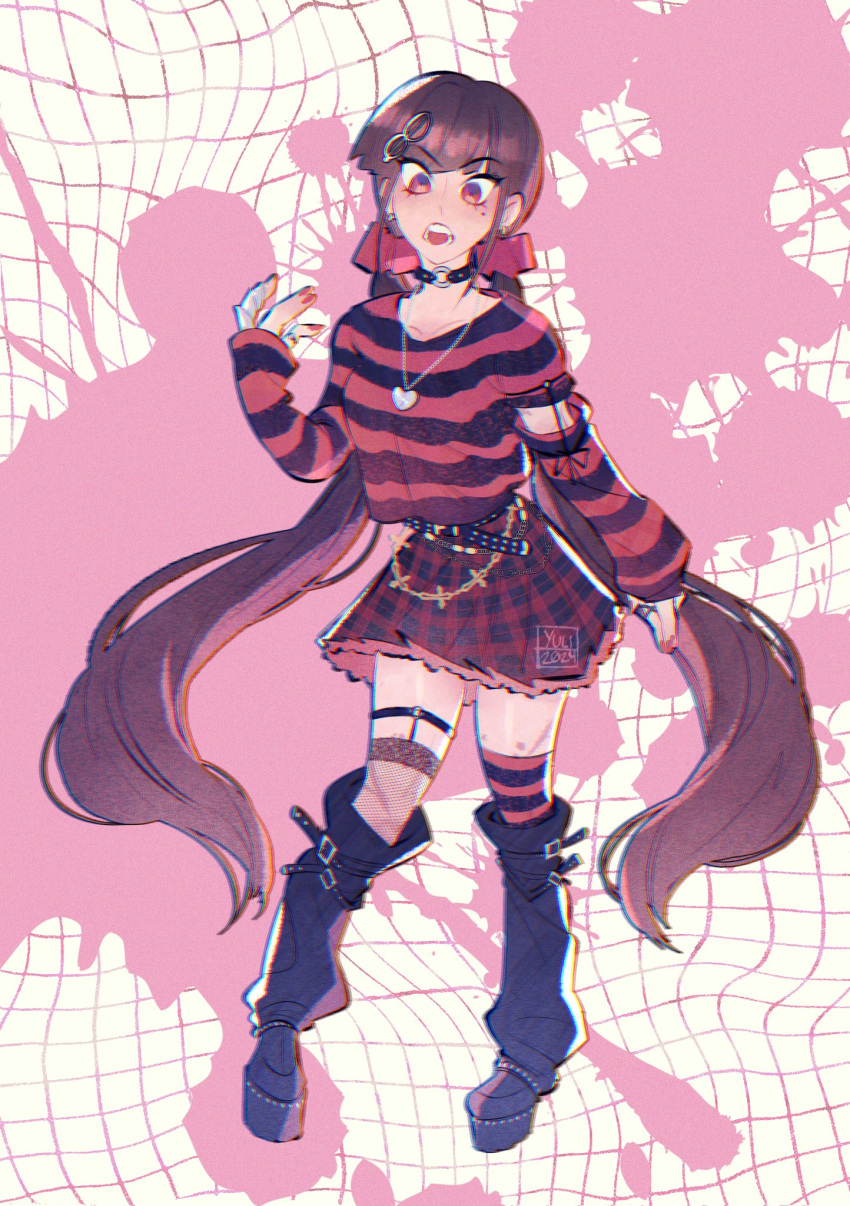 1girl, alternate_costume, asymmetrical_legwear, belt, black_leg_warmers, black_shirt, blunt_bangs, blush