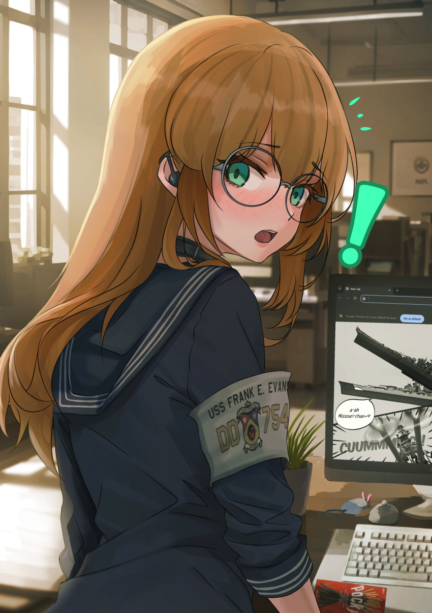 1girl, absurdres, armband, black_collar, collar, commentary, computer, dgkamikaze, earphones, english_commentary, food, glasses, gloves, green_eyes, highres, indoors, looking_at_viewer, looking_back, monitor, naval_sailor_uniform, notice_lines, open_mouth, original, plant, pocky, potted_plant, round_eyewear, second-party_source, sleeves_rolled_up, solo, teeth, tongue, upper_teeth_only, white_armband