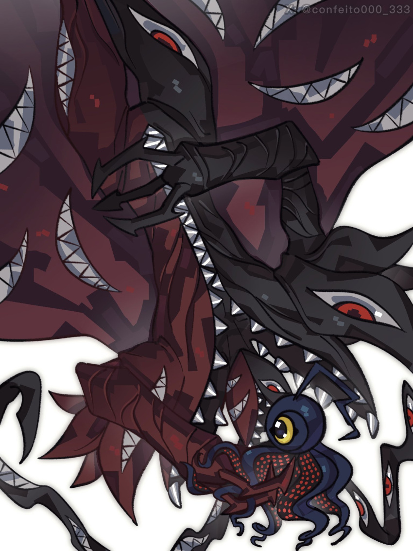 abbadomon, abbadomon_core, black_skin, cape, colored_skin, confeito000_333, digimon, digimon_(creature), evolutionary_line, extra_ears, extra_eyes, glowing, glowing_eyes, highres, multicolored_skin, negamon, red_cape, red_eyes, red_skin, sharp_teeth, simple_background, teeth, two-tone_skin, upside-down, weapon, white_background