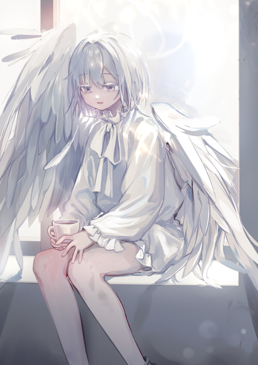 1girl, absurdres, angel, angel_wings, asuma_kanau, bare_arms, clip_studio_paint_(medium), cup, feathered_wings, halo, highres, looking_at_viewer, mug, open_mouth, original, shirt, short_hair, sitting, solo, white_eyes, white_hair, white_shirt, white_wings, wings