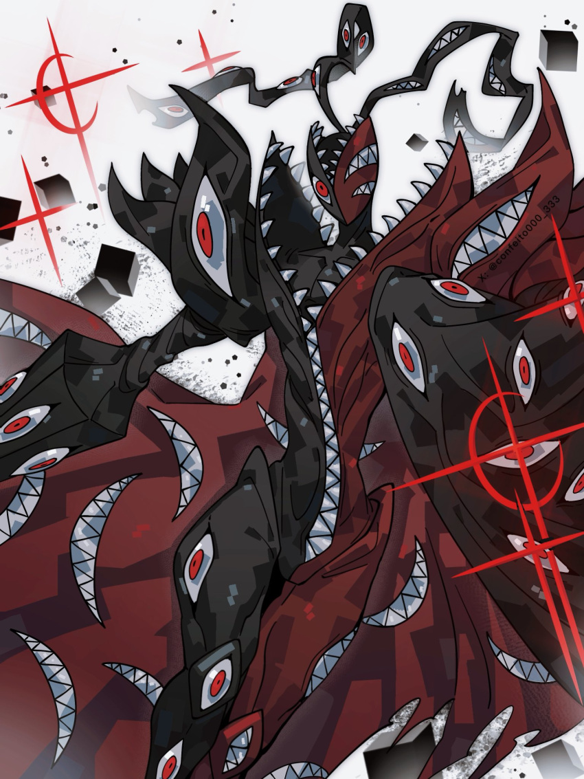 abbadomon, abbadomon_core, arm_blade, black_skin, cape, colored_skin, confeito000_333, digimon, digimon_(creature), extra_ears, extra_eyes, glowing, glowing_eyes, highres, multicolored_skin, red_cape, red_eyes, red_skin, sharp_teeth, simple_background, solo, teeth, two-tone_skin, weapon, white_background