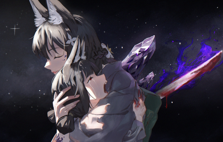 2girls, animal_ear_fluff, animal_ears, black_hair, blood, blunt_bangs, child, closed_eyes