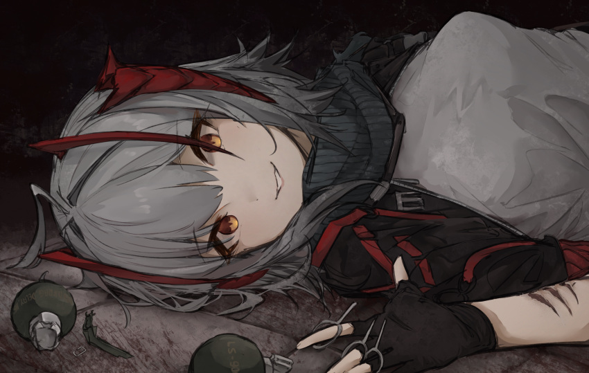 1girl, absurdres, antenna_hair, antennae, arknights, black_background, black_gloves, black_jacket