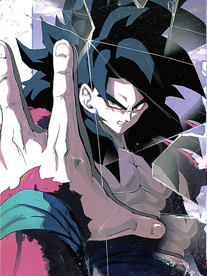 1boy, black_hair, body_fur, broken_glass, cracked, cracked_glass, dragon_ball, dragon_ball_gt, glass, highres, long_hair, mirror, muscular, muscular_male, pato007711, red_fur, reflection, shattered, son_goku, super_saiyan, super_saiyan_4, topless_male, upper_body, yellow_eyes