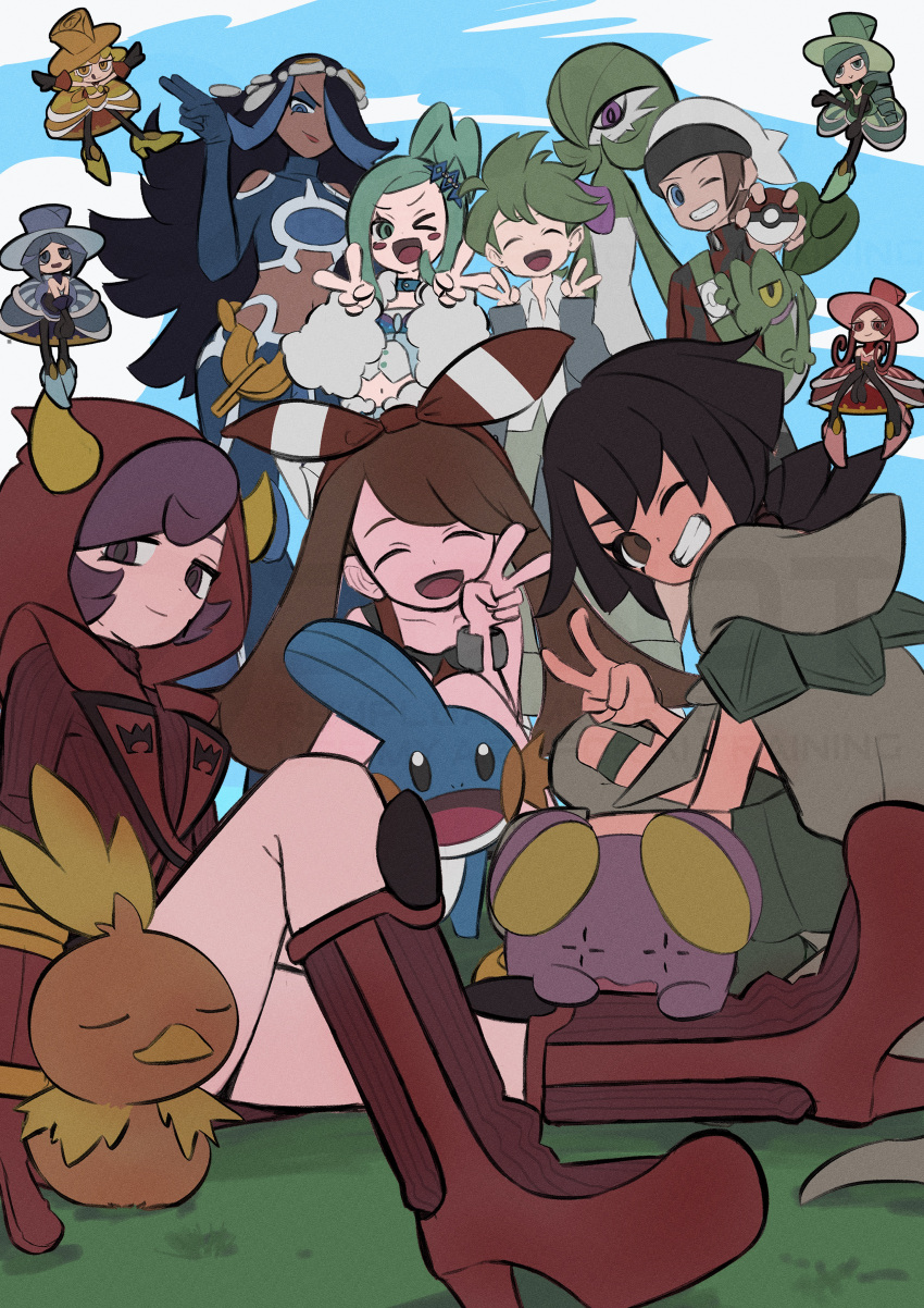 >_o, +_+, 2boys, 6+girls, absurdres, aqua_hair, black_hair, blonde_hair, blue_dress, blue_footwear, blue_hair, blue_hat, blue_sky, blush, blush_stickers, boots, brendan_(pokemon), brown_hair, closed_eyes, closed_mouth, clouds, courtney_(pokemon), dana_(pokemon), dark-skinned_female, dark_skin, double_v, dress, evelyn_(pokemon), fake_horns, gardevoir, goggles, goggles_on_head, grass, green_dress, green_footwear, green_hair, green_hat, grin, hair_over_one_eye, hat, high_heel_boots, high_heels, highres, hood, hood_up, hooded_jacket, horned_hood, horns, ida_(idalol490), jacket, lisia_(pokemon), long_hair, may_(pokemon), morgan_(pokemon), mudkip, multiple_boys, multiple_girls, nita_(pokemon), one_eye_closed, open_mouth, pink_dress, pink_footwear, pink_hair, pink_hat, pokemon, pokemon_(creature), pokemon_oras, purple_hair, red_footwear, red_jacket, red_shirt, shelly_(pokemon), shirt, short_hair, sky, smile, team_aqua, team_aqua_logo, team_magma, team_magma_logo, top_hat, torchic, treecko, v, violet_eyes, wally_(pokemon), whismur, white_hat, yellow_dress, yellow_footwear, yellow_hat, zinnia_(pokemon)