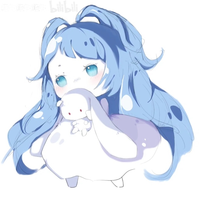 1girl, aqua_eyes, bilibili_logo, blue_hair, blush, chibi, daer_maodou_(roco_kingdom:world), dress