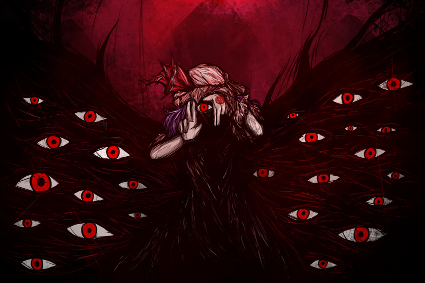1girl, absurdres, crossover, dark, dark_background, disembodied_eye, english_commentary, eye_focus