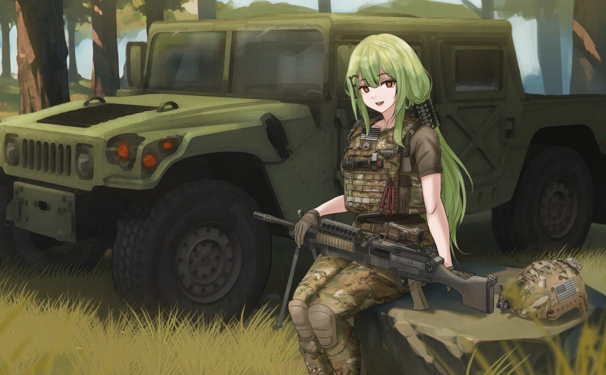 1girl, :d, brown_eyes, brown_gloves, camouflage, camouflage_helmet, camouflage_pants, camouflage_vest