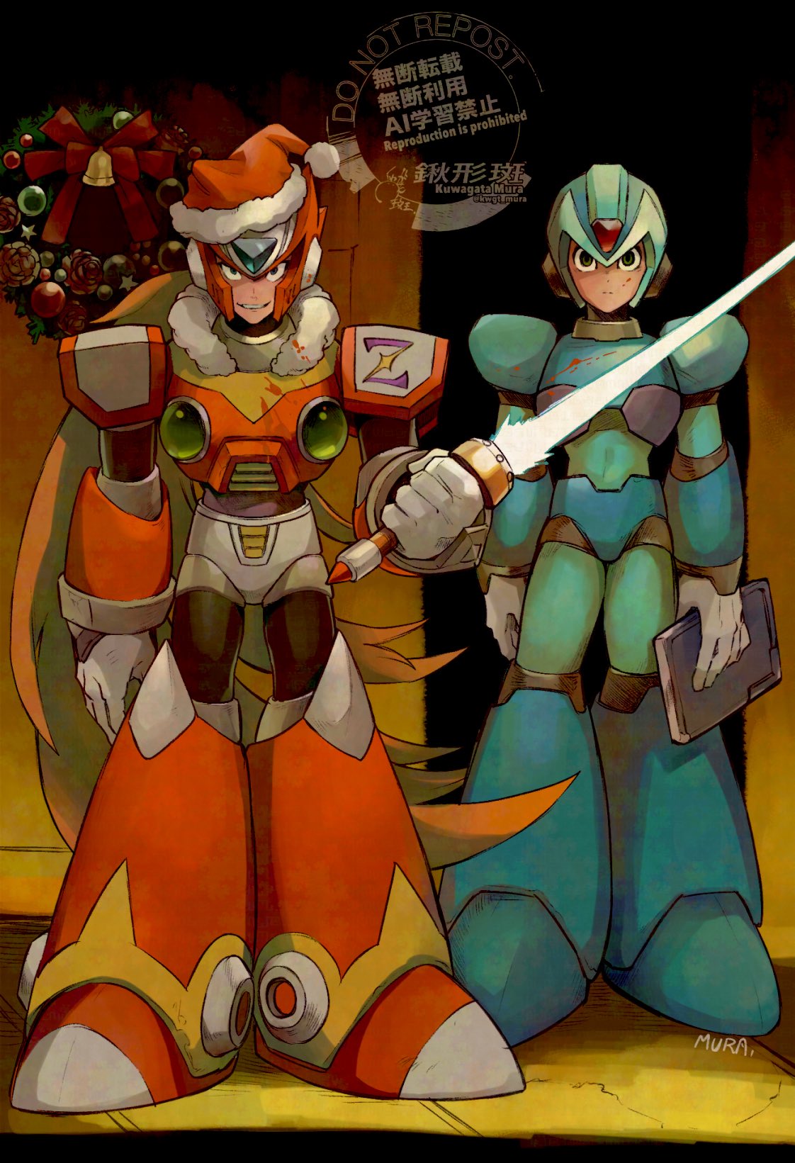 2boys, armor, artist_name, blonde_hair, blue_armor, blue_helmet, chest_jewel, christmas