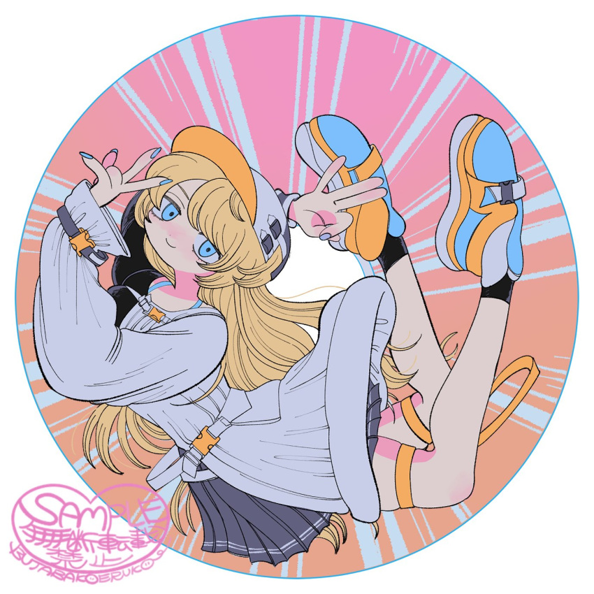 1girl, ankle_socks, arms_up, asymmetrical_clothes, baseball_cap, belt, blonde_hair, blue_eyes