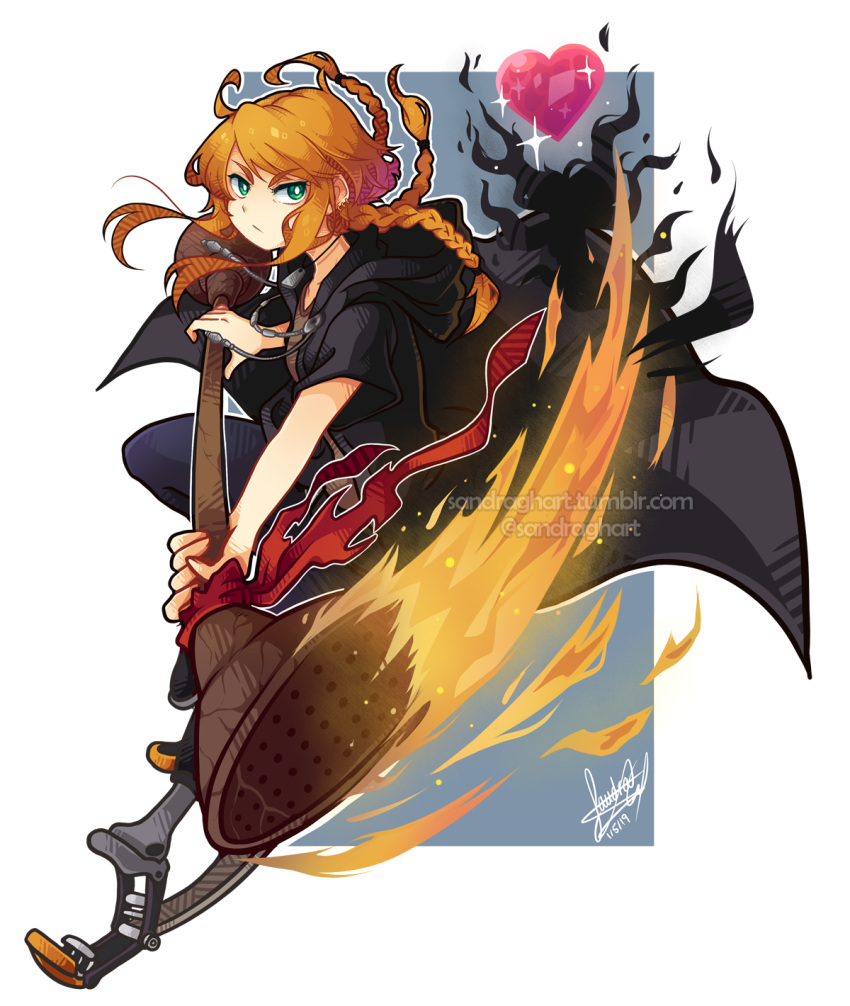 1girl, black_hoodie, braid, brown_shirt, commentary, commission, double-parted_bangs, english_commentary, fire, fire_staff, full_body, green_eyes, heart, highres, hood, hoodie, medium_hair, multiple_braids, orange_hair, original, red_ribbon, ribbon, sandragh, shirt, simple_background, white_background, wooden_staff, zipper