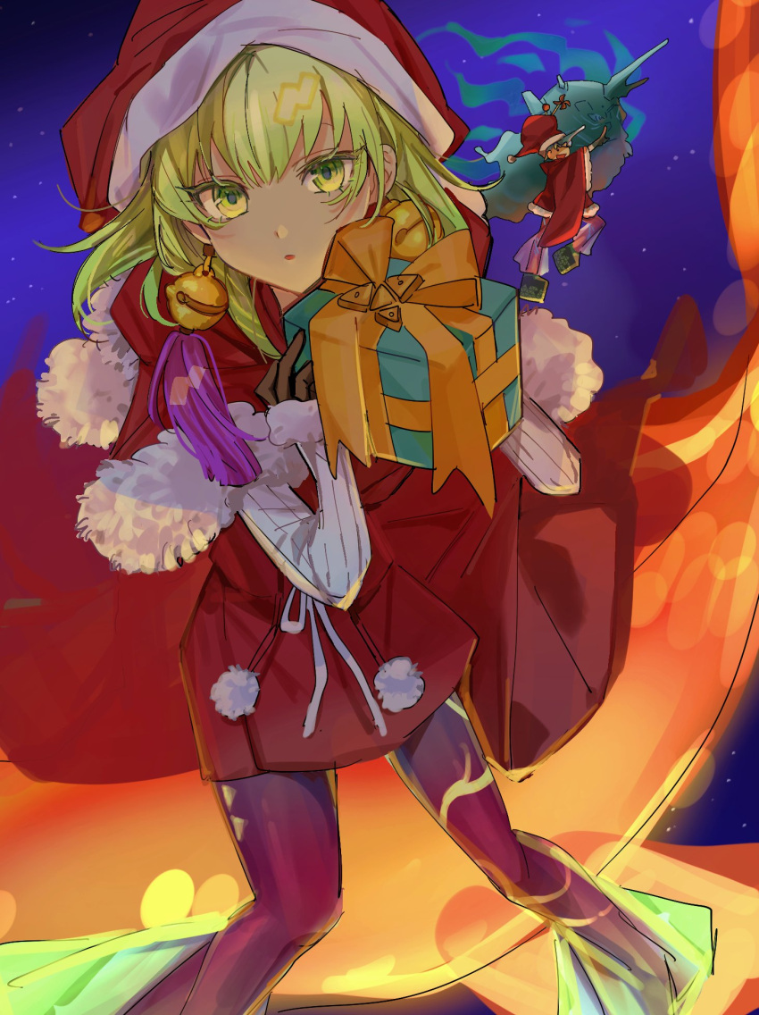 1girl, blurry, blurry_background, capelet, character_request, christmas, dress, duel_monster